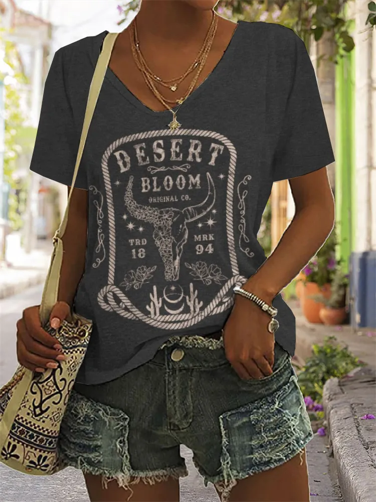 Desert Bloom Western Graphic V Neck T Shirt