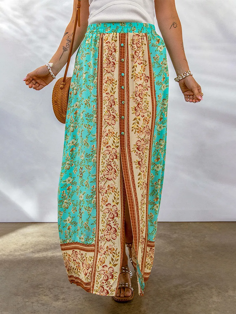 CONTRAST COLOR FLORAL PRINT BUTTON SLIT MAXI SKIRT