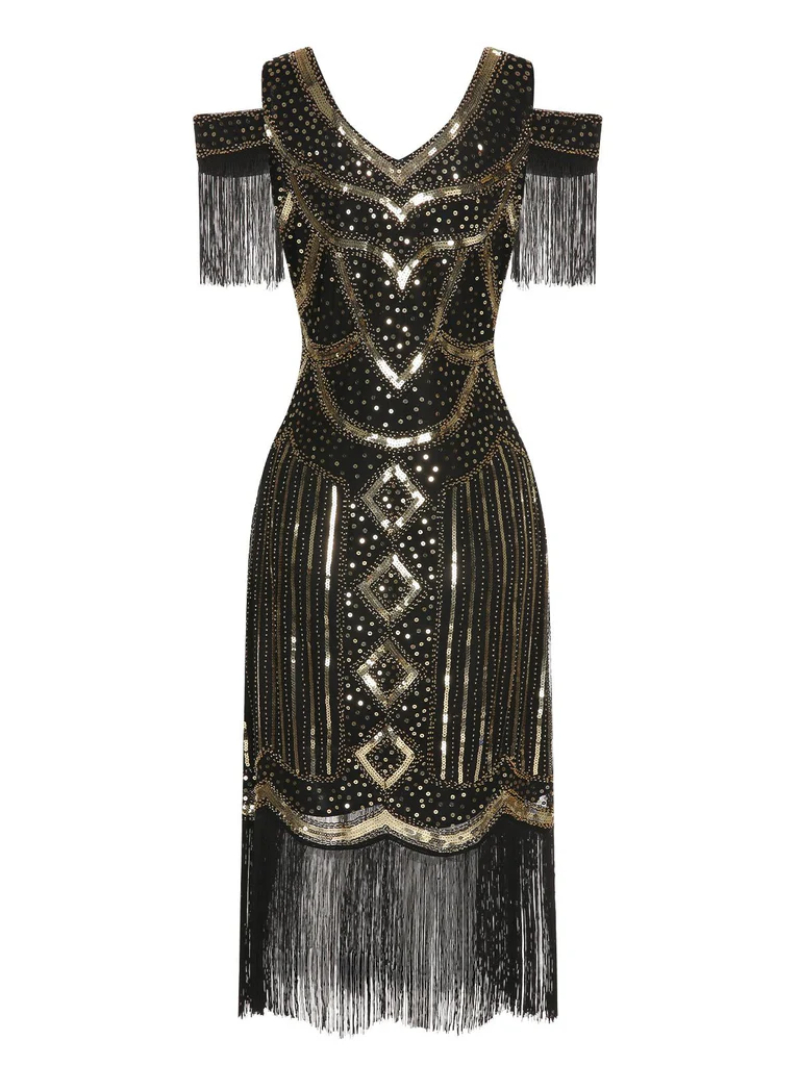 BLACK 1920S ONE-SHOULDER CAPED SEQUINED DRESS