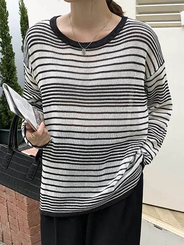 Casual Striped Round-Neck Long Sleeves Knitwear Tops