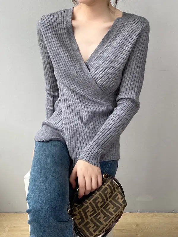 Chic Simple 5 Colors Split-Front V-Neck Long Sleeves Knitted Sweater Tops