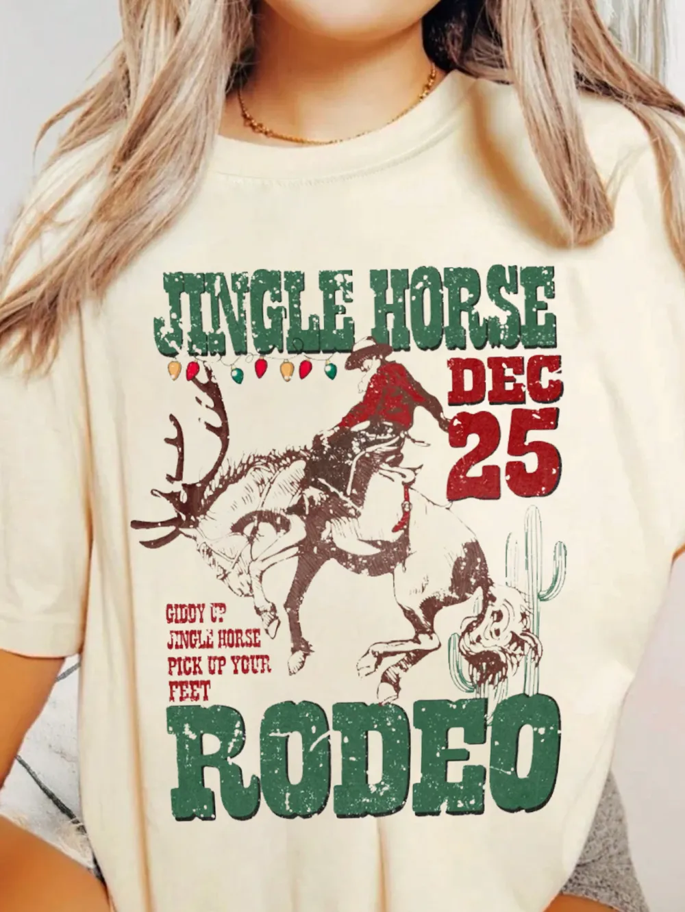 jingle horse rodeo Christmas Women's fashion crew neck short sleeve T-shirt