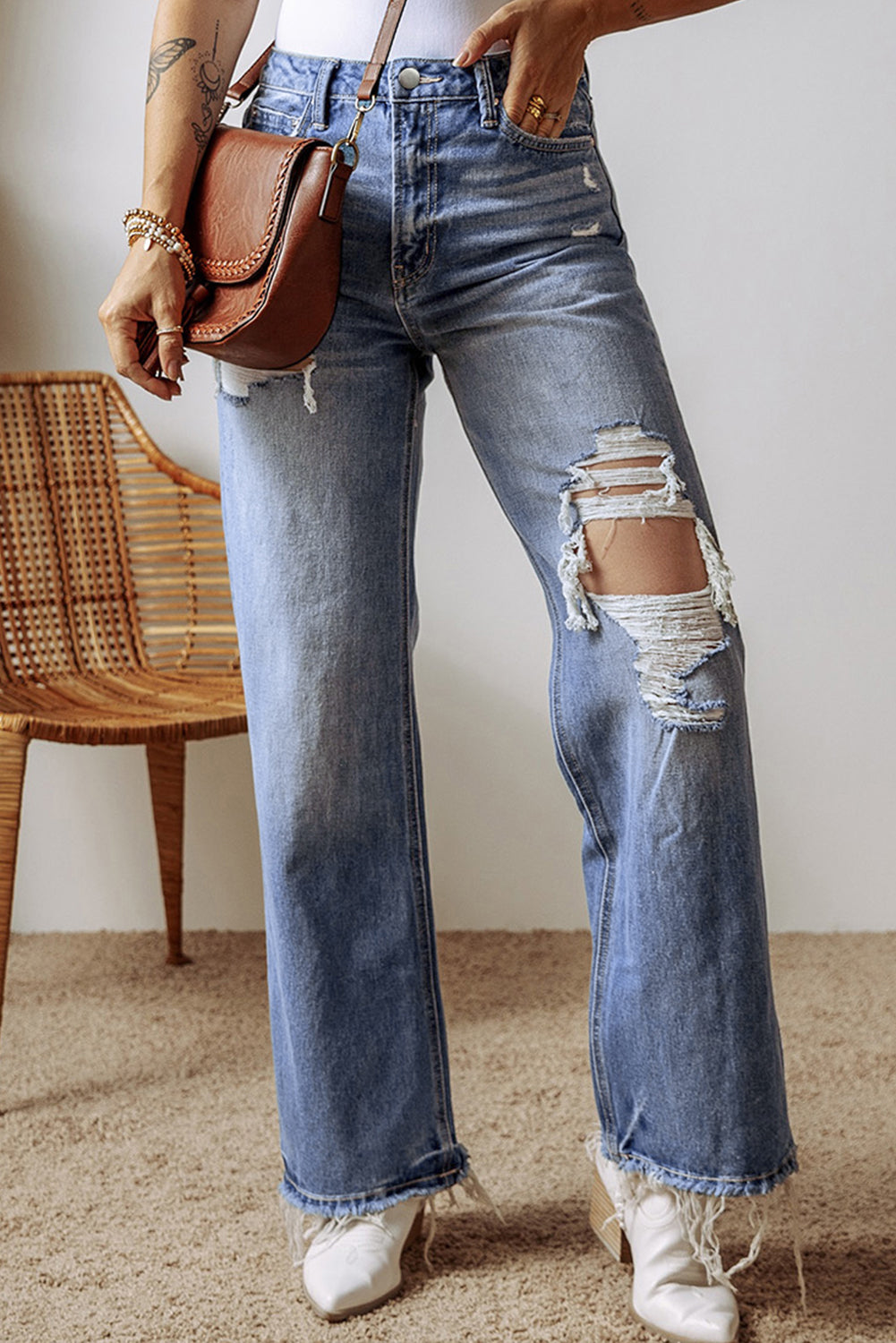 Blue Distressed Raw Hem Straight Leg High Waist Jeans