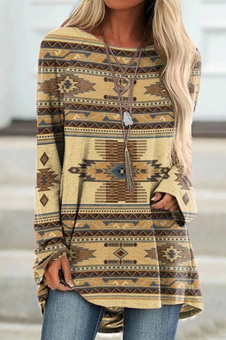 Crew Neck Long Sleeve Western Print Tunic