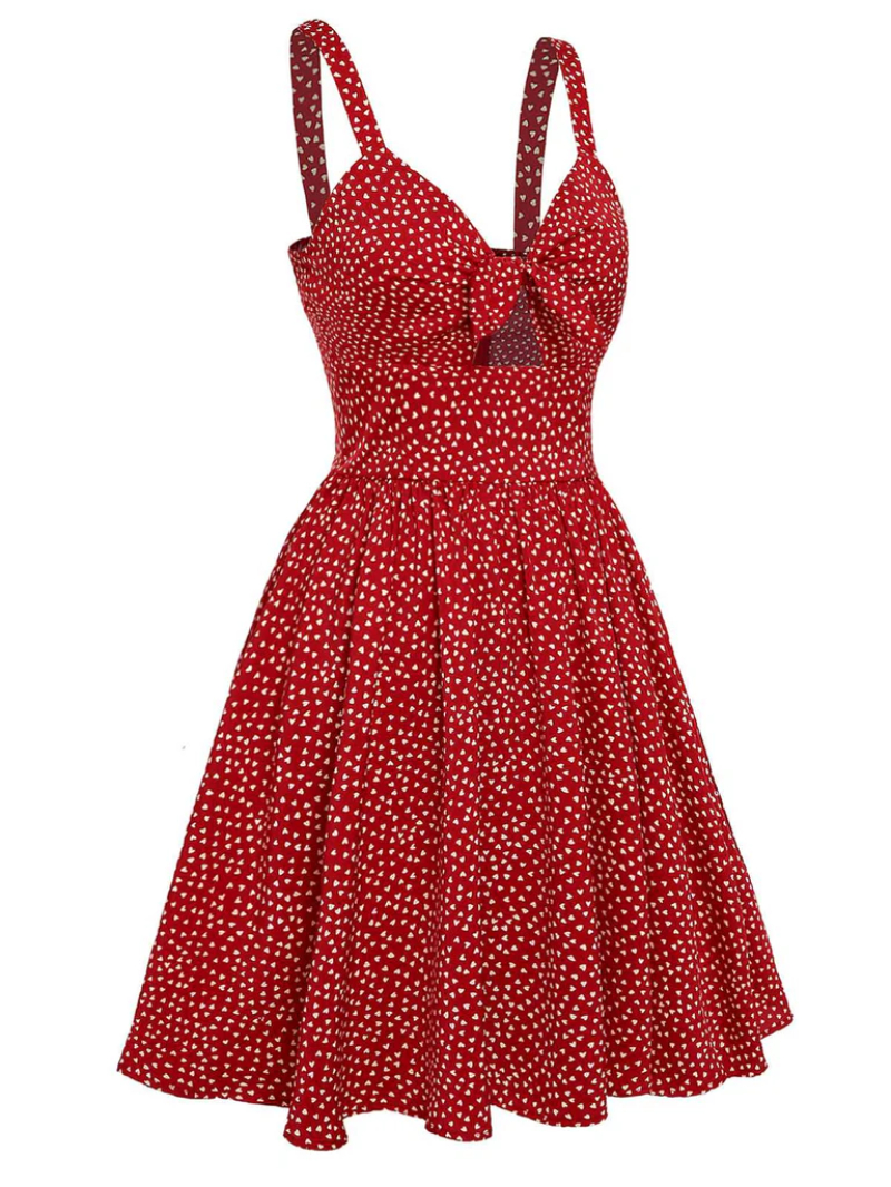 RED 1950S SPAGHETTI STRAP HEART PRINT DRESS