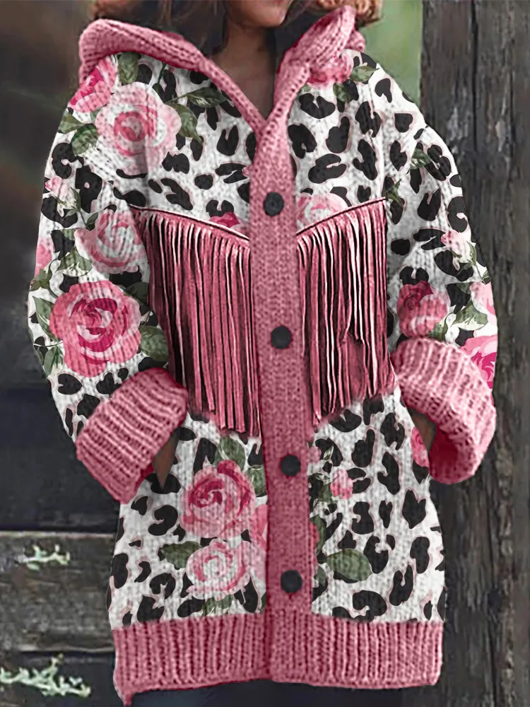 Elegant Roses Leopard Pink Tassels Knit Hooded Cardigan