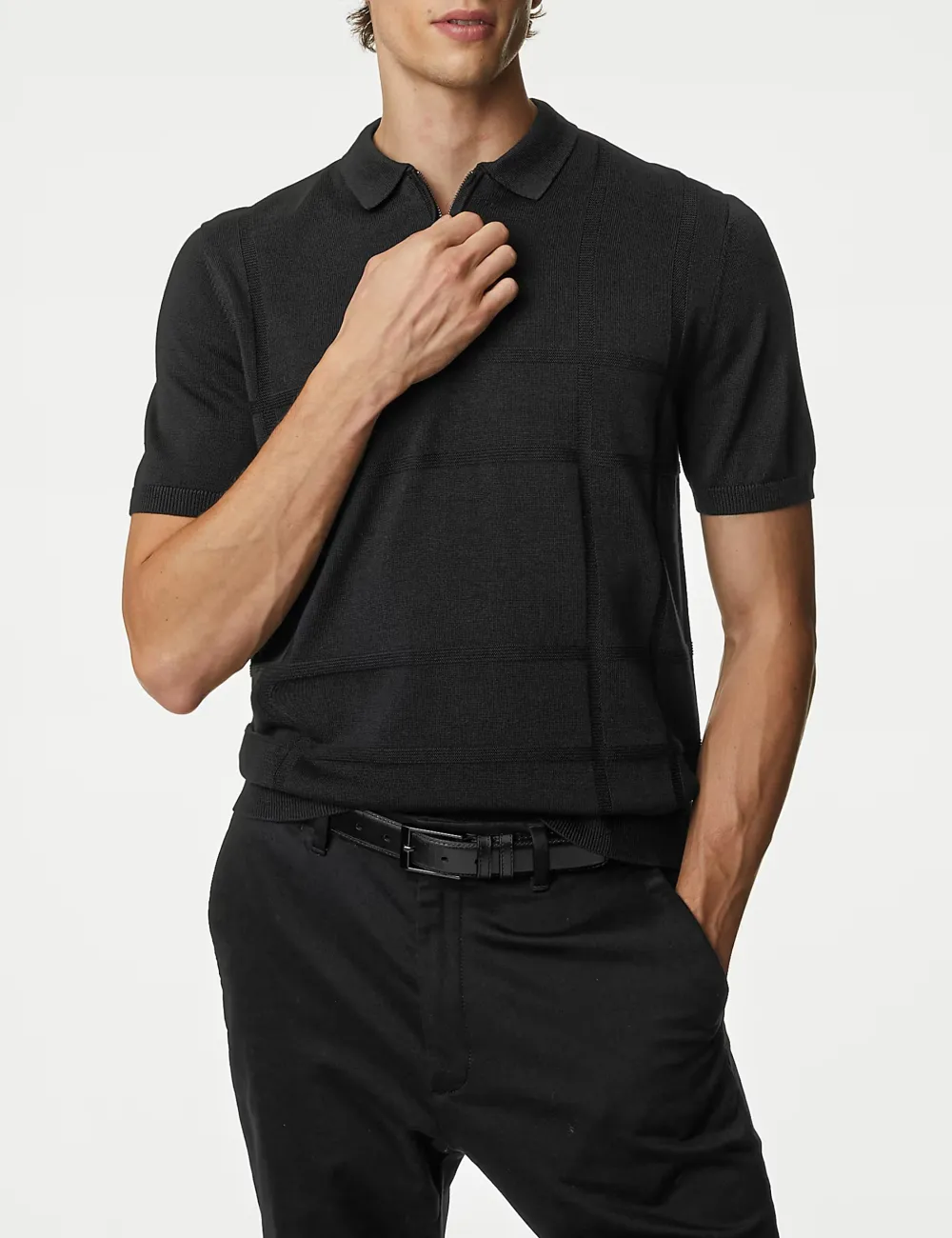 Cotton Modal Zip Up Knitted Polo Shirt