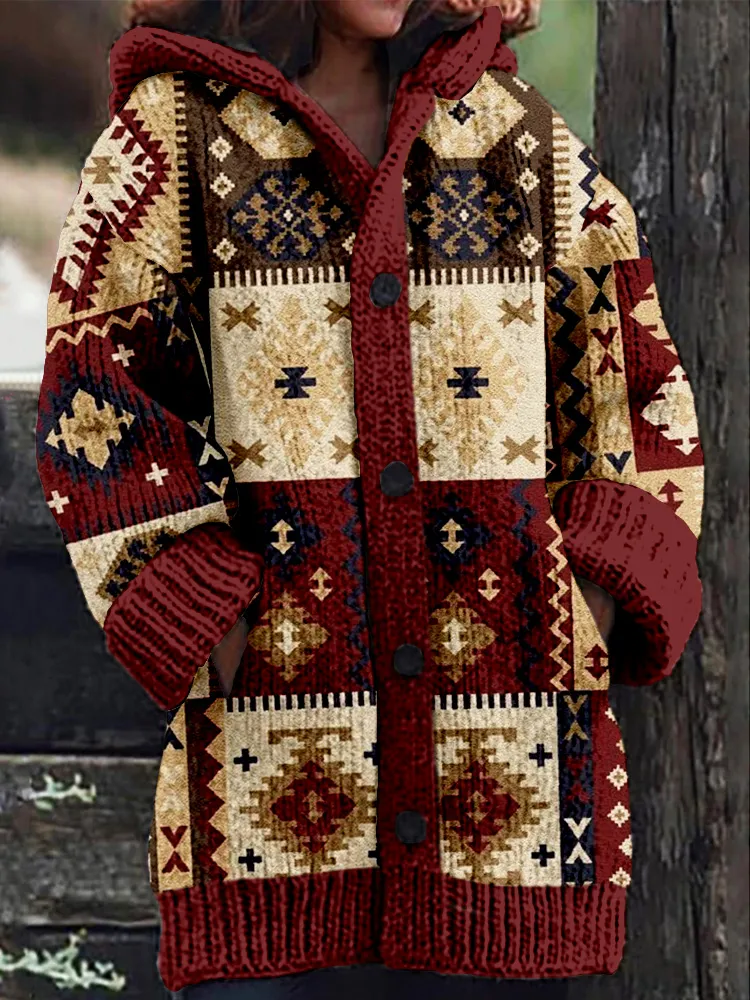 Vintage Western Aztec Pattern Cozy Knit Hooded Cardigan