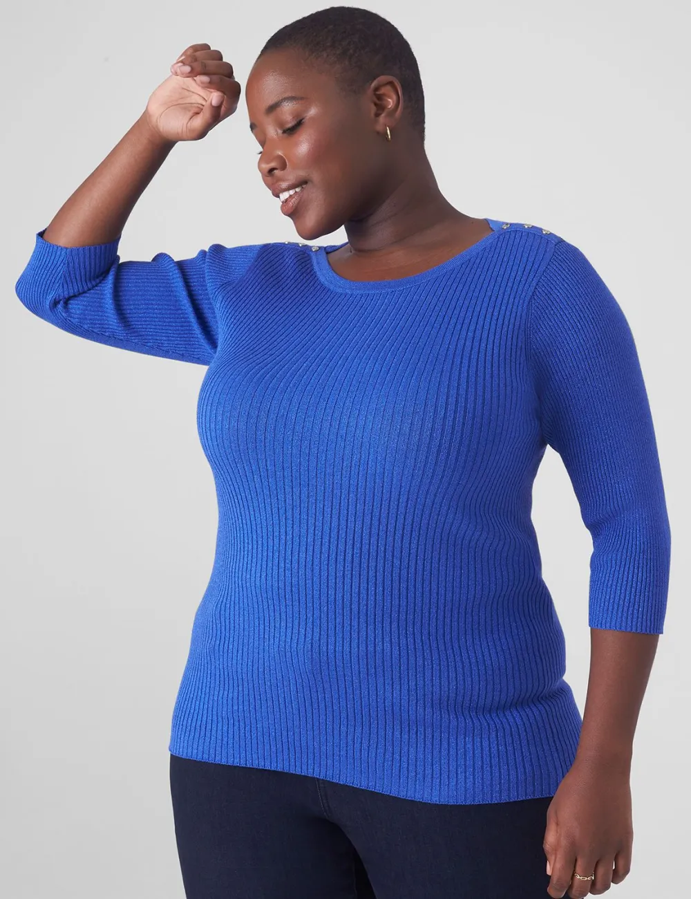 Fitted Button-Shoulder Boatneck Lurex Sweater