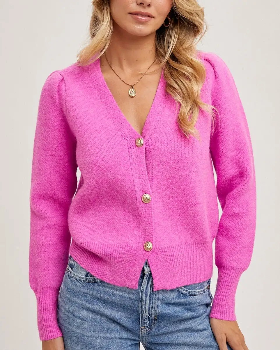 Button Down V-Neck Cardigan - Hot Pink