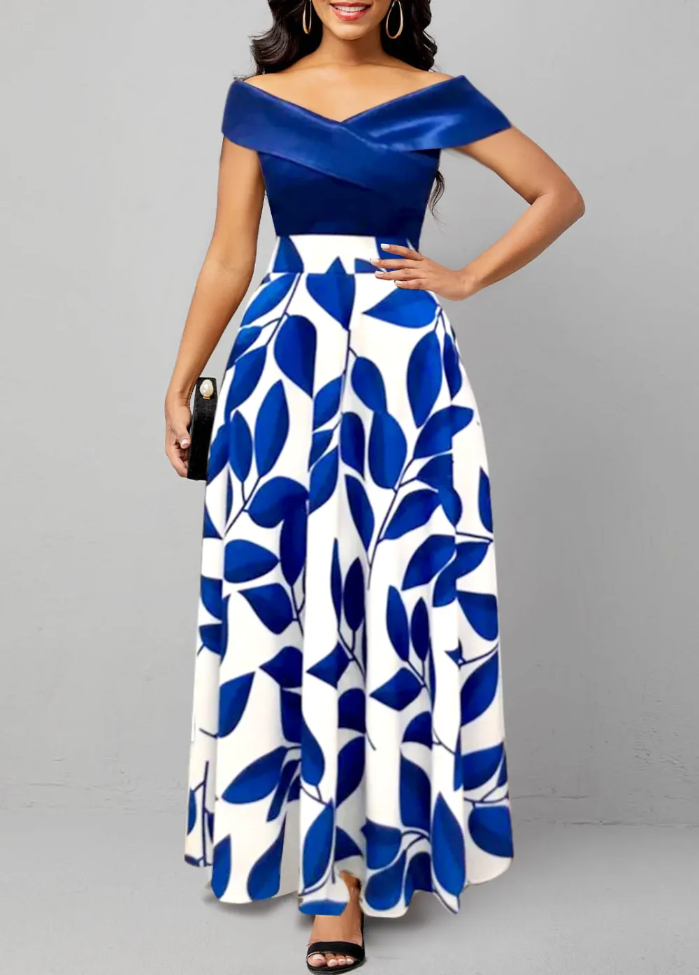 Leaf Print Surplice Dark Blue Maxi Dress