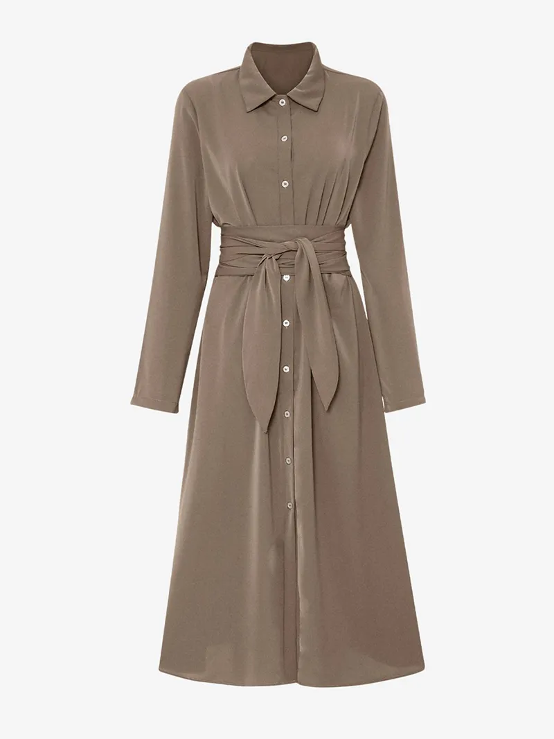 Tie Waist Long Sleeve Midi Shirt Dress