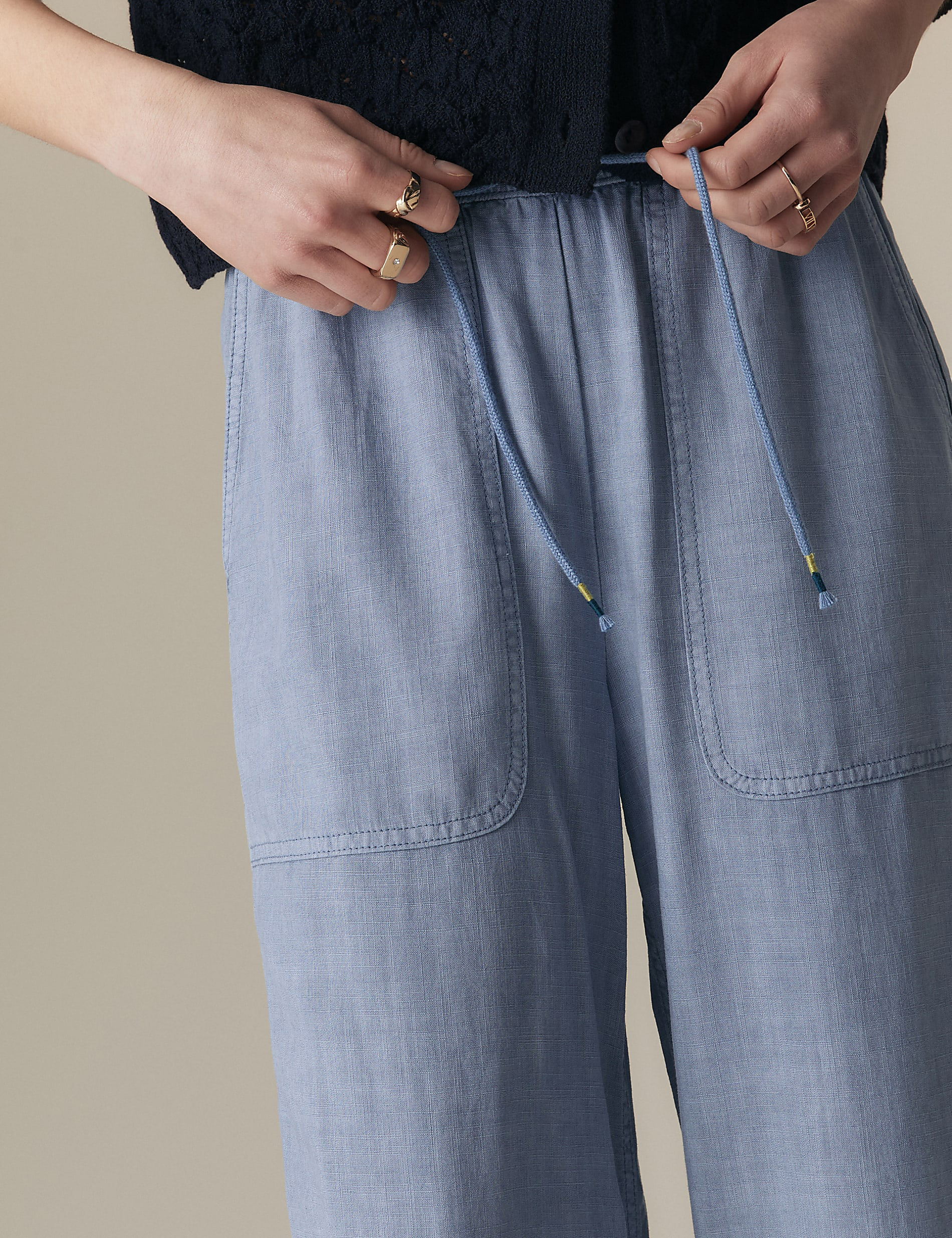 Linen Blend Elasticated Waist Drawstring Trousers