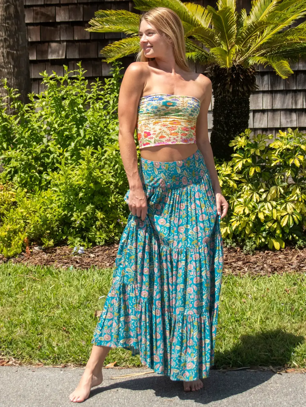 Hanna Convertible Maxi Skirt - Blue Pink Floral Vines