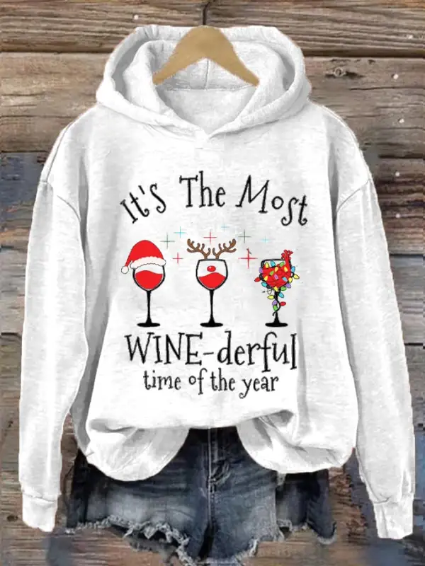 Women's Christmas It's The Most Wine-derful Time of The Year Printed Hooded Sweatshirt