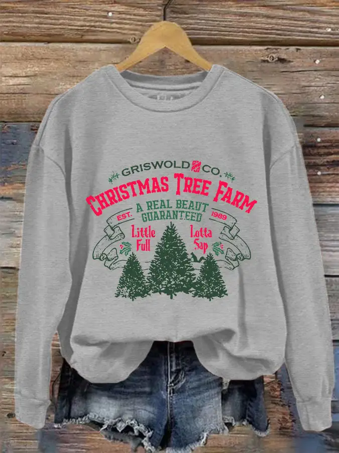 Women's Christmas Griswold Co Christmas Tree Farm Print Crew Neck Sweatshirt