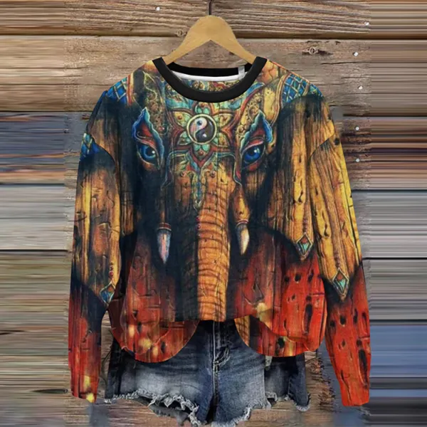 Vintage Elephant Print Women'S Crew Neck Sweatshirt