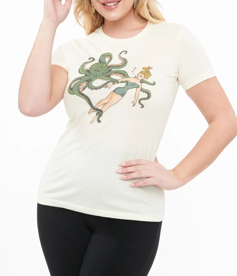 Ivory Girl And Octopus Fitted Graphic Tee