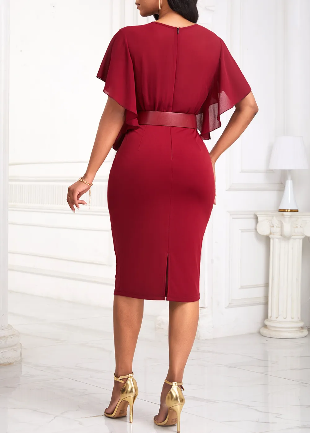 Tie Belted Wine Red Short Sleeve Bodycon Dress