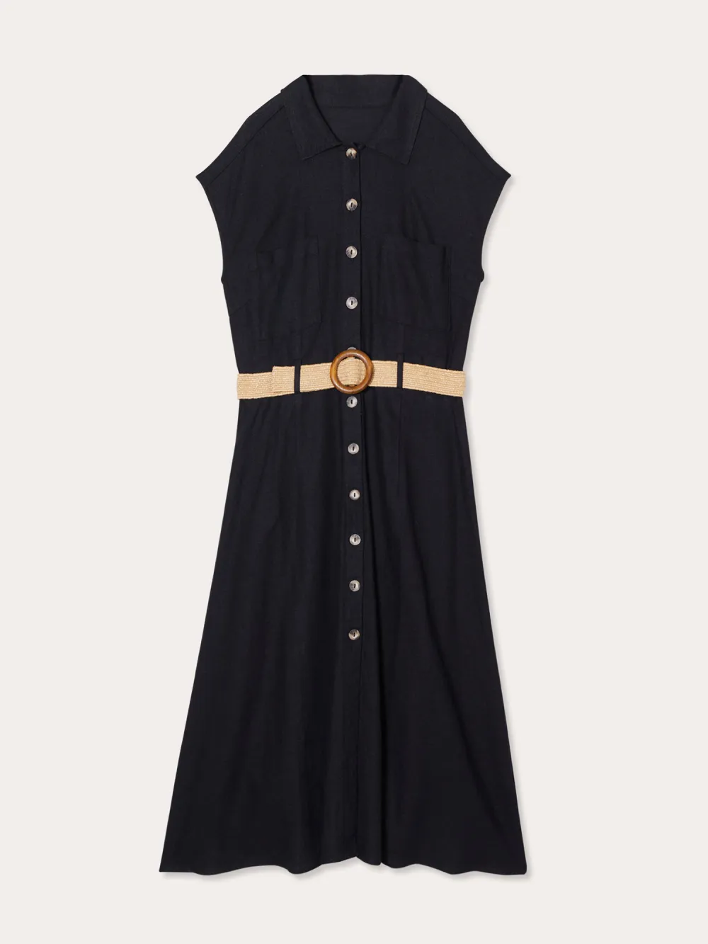 Robe chemise midi évasée 55% de lin noir femme