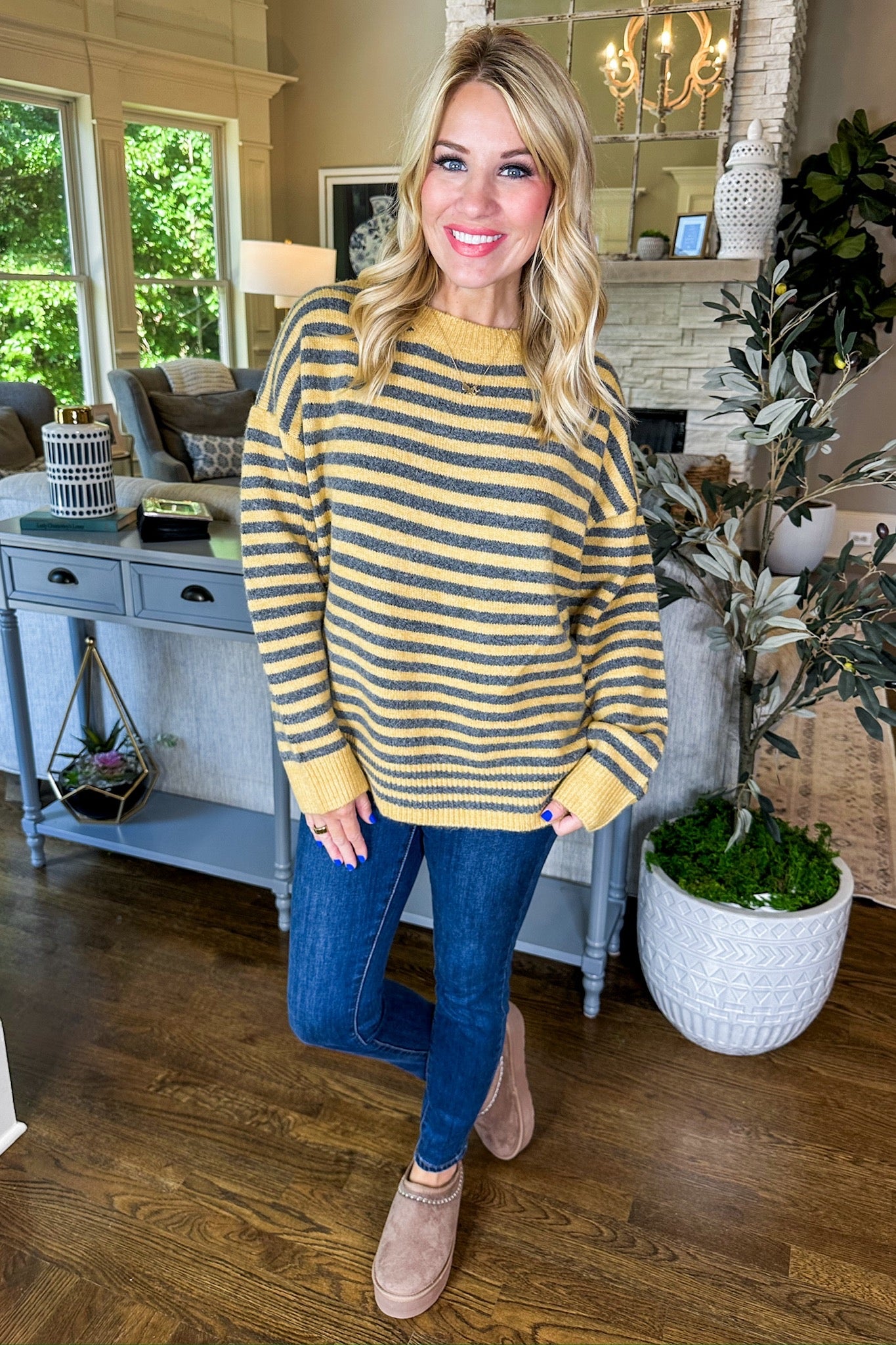 Grey & Mustard Yellow Striped Cozy Knit Sweater