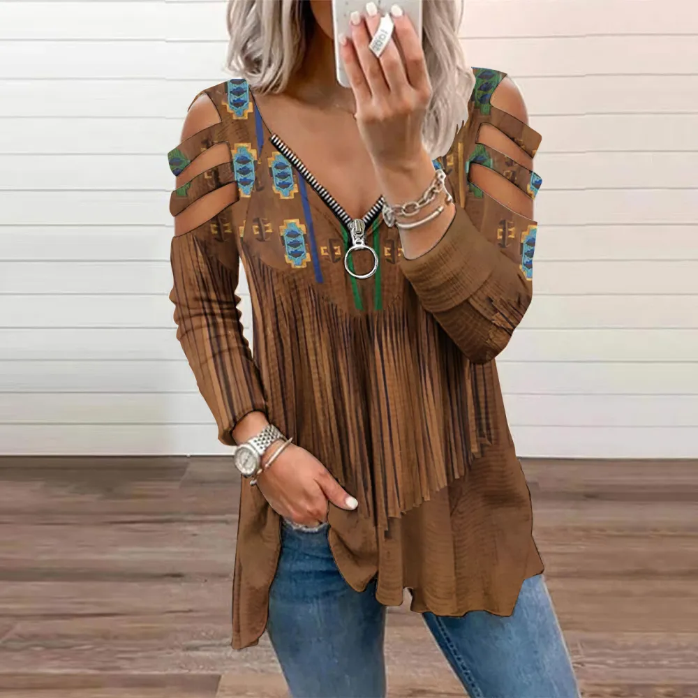 Women's Tassels Geometry Hollow Out Casual Long Sleeve T-Shirt