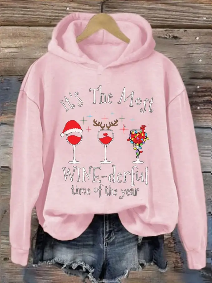 Women's Christmas It's The Most Wine-derful Time of The Year Printed Hooded Sweatshirt