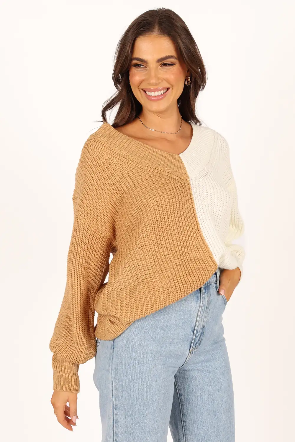 Victoria Two Tone Vneck Knit Sweater - Beige Multi