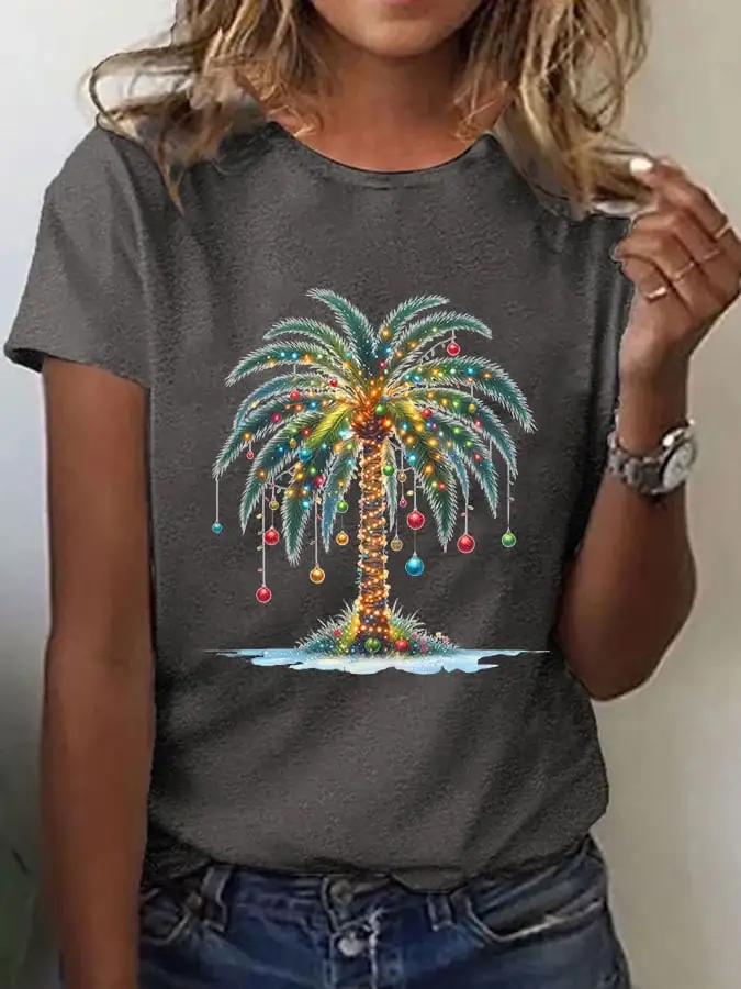 Women'S Christmas Palm Tree Print Casual Round Neck T-Shirt