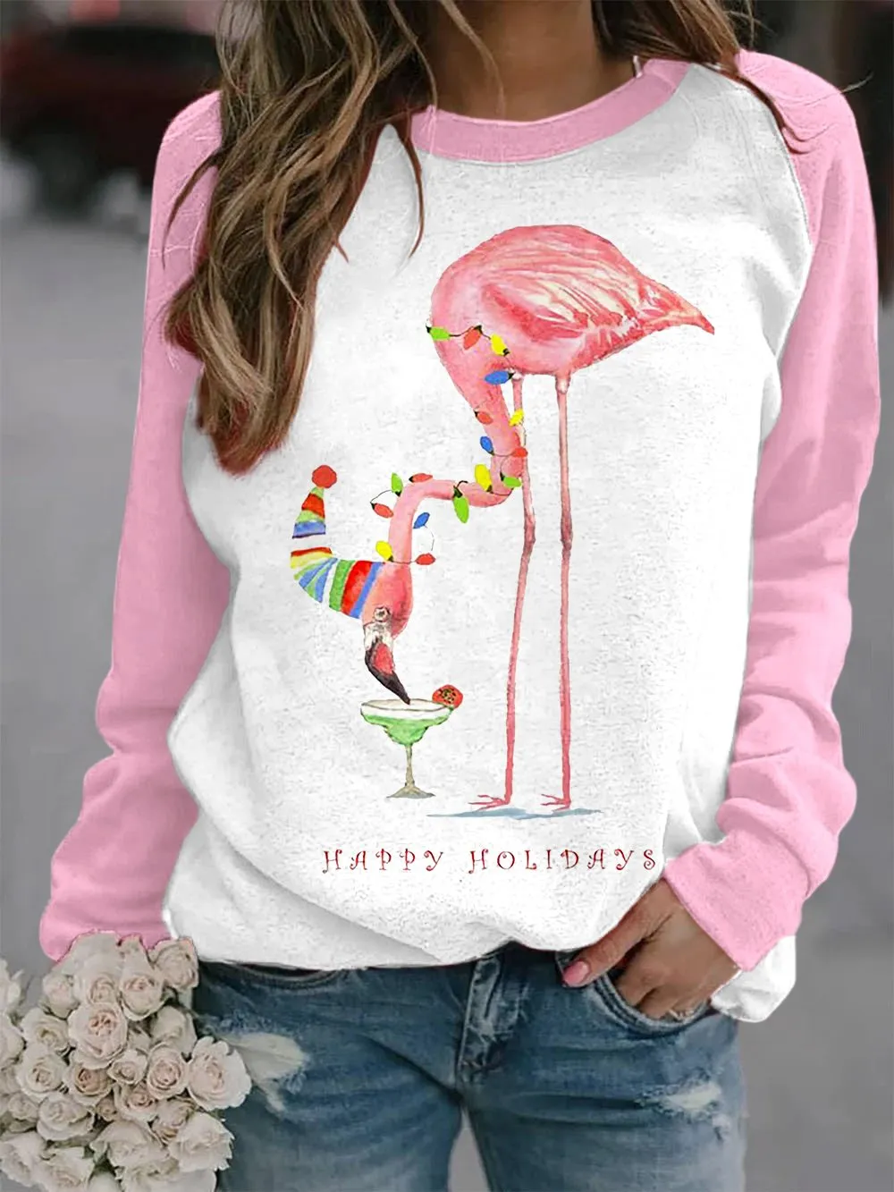 Women's Merry   Flamingo Contrast Print Sweatshirt