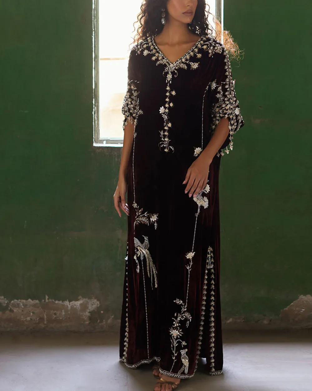 Elegant embellished embroidered velvet kaftan