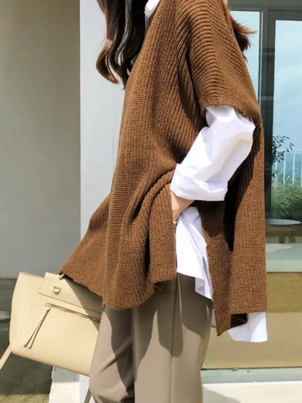 Casual Solid Color Round-Neck Half Sleeves Knitted Sweater Cape Top