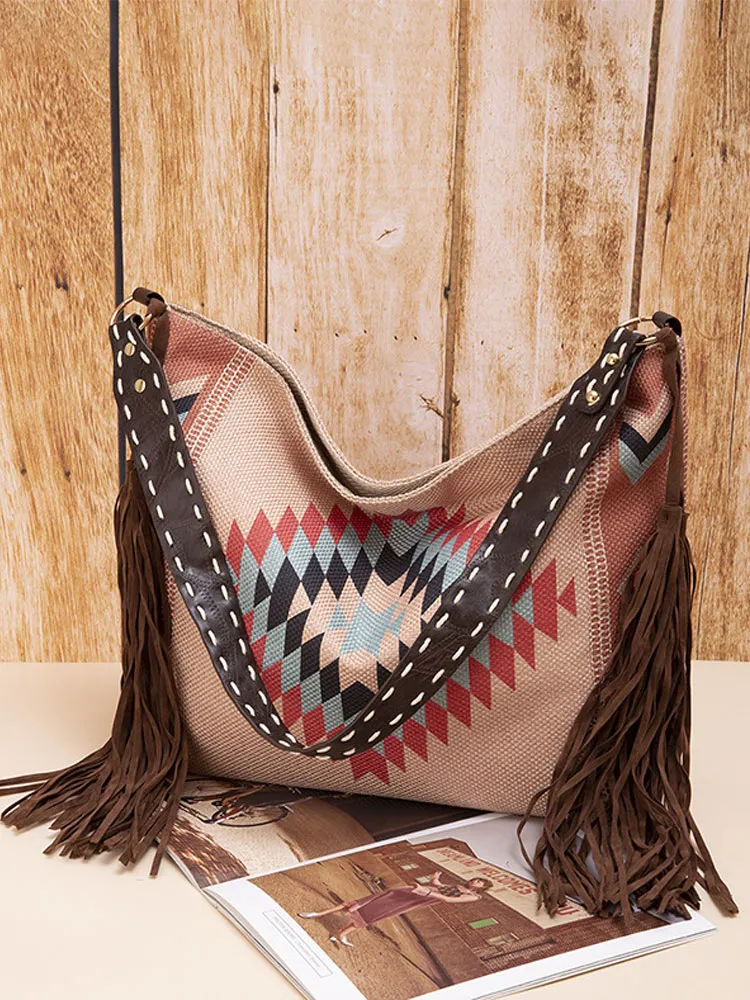 Women's Retro Ethnic Style Printed Tassel Shoulder Bag