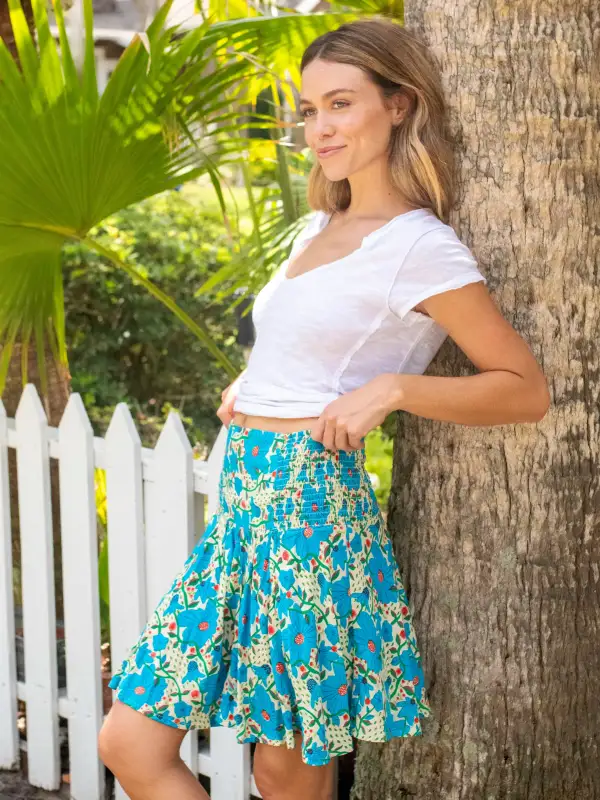 Malia Mini Skirt - Cream Blue Floral Border