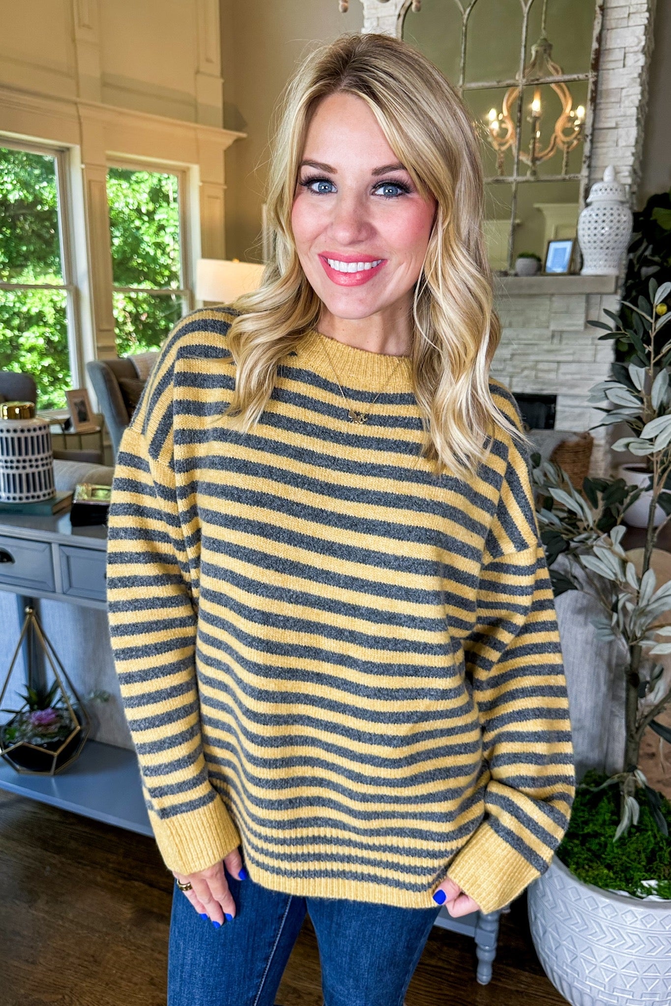 Grey & Mustard Yellow Striped Cozy Knit Sweater