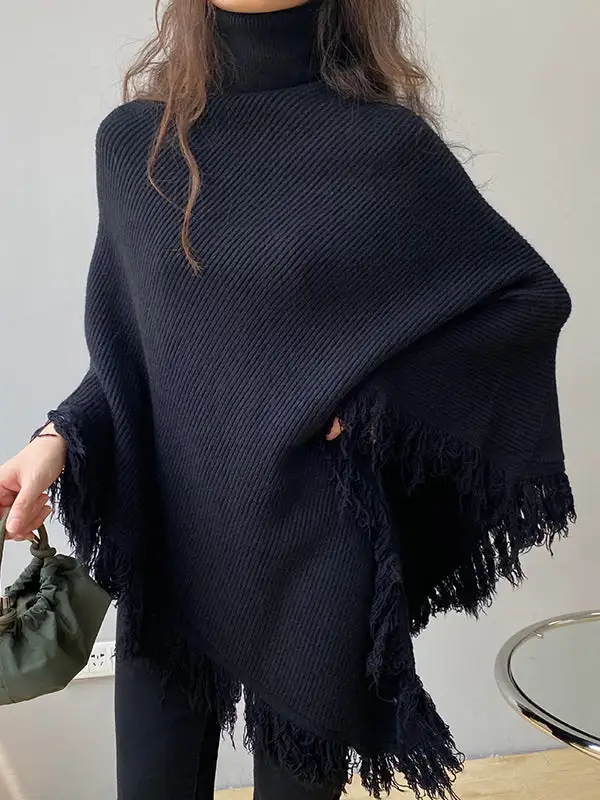 Casual Loose Tasseled Solid Color High-Neck Sweater Tops