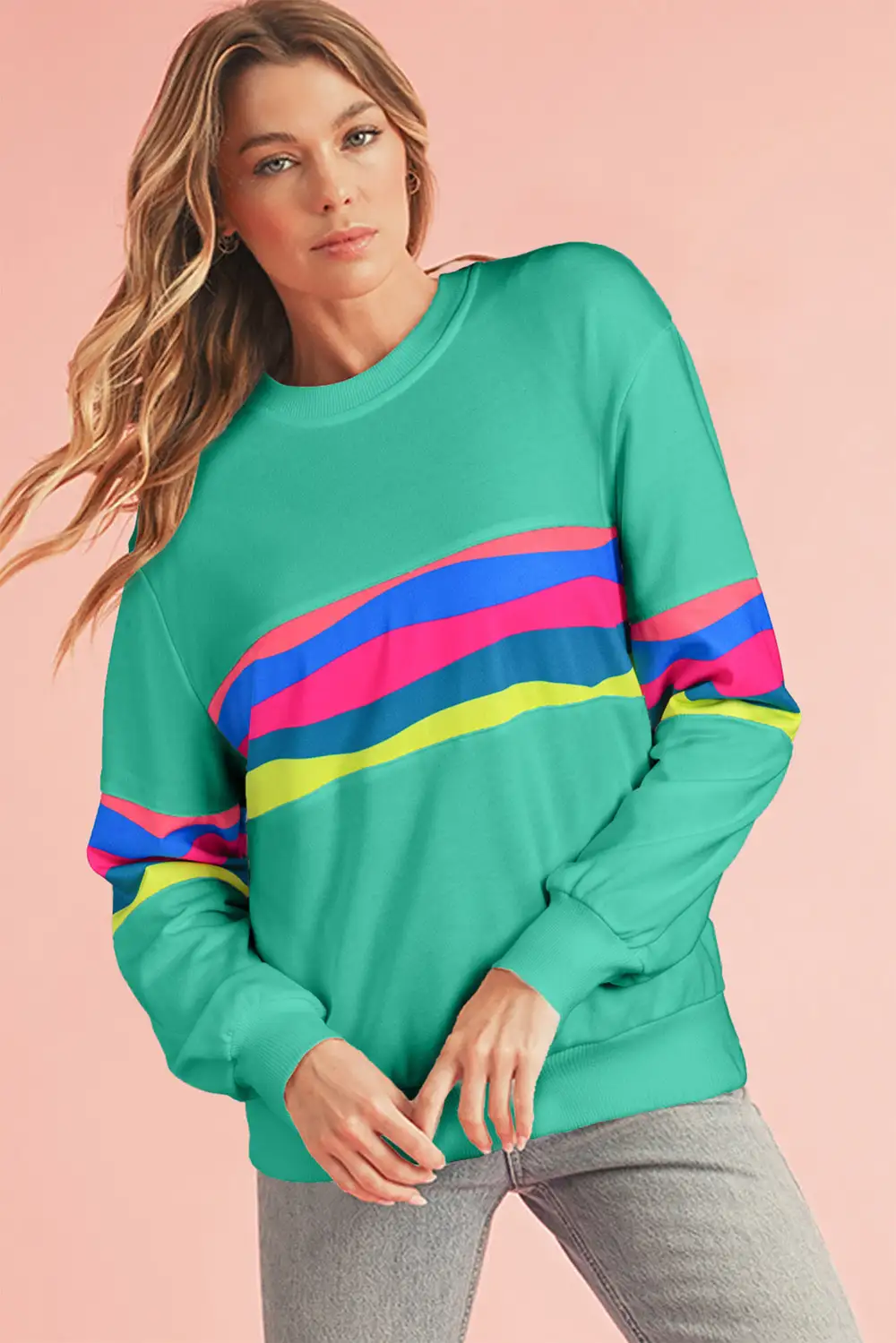 Green Colorful Striped Round Neck Long Sleeve Top