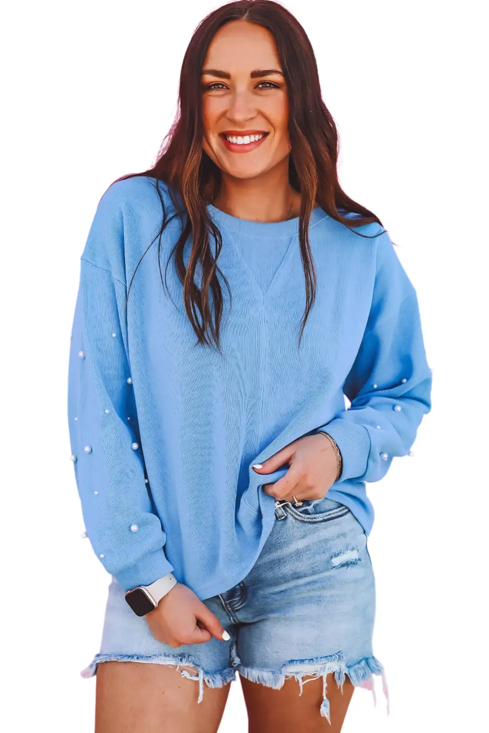 Myosotis Pearl Sleeves Ribbed Pullover Sweatshirt