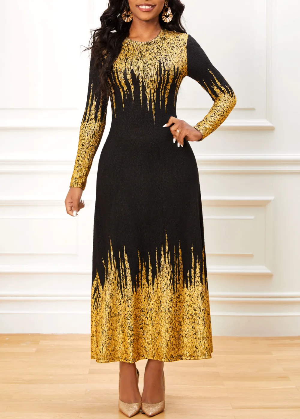 Black Ombre Hot Stamping Round Neck Dress