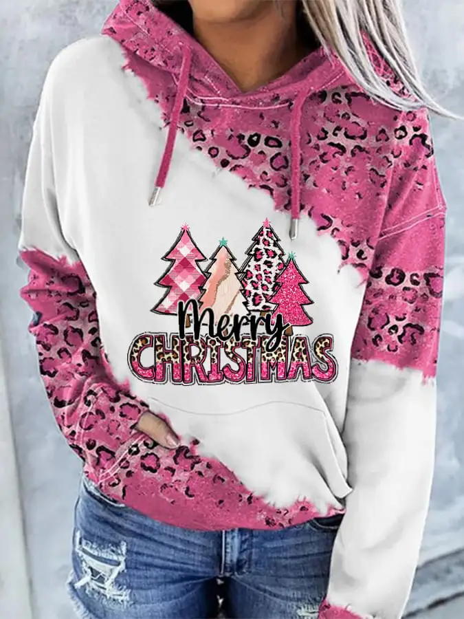 Women's Merry   Tree Pink Leopard Hoodie Sweatshirt