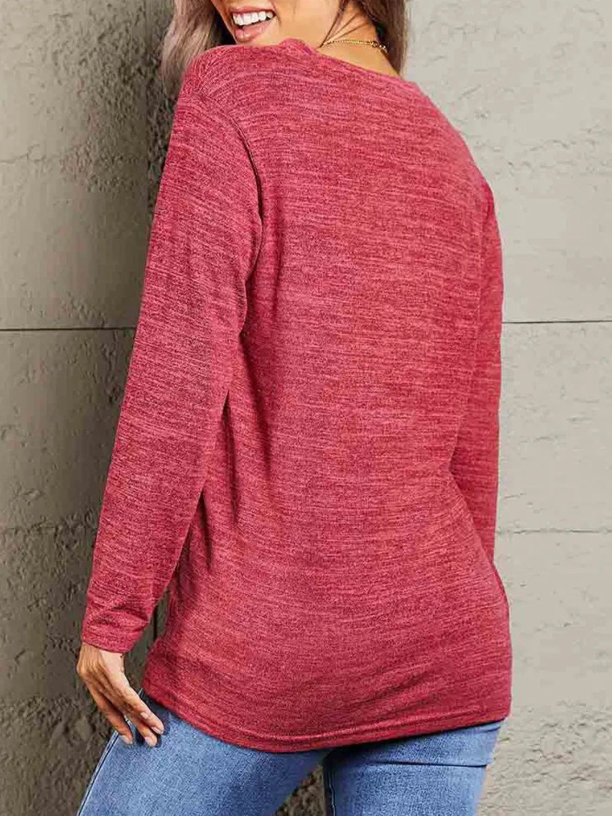 Buttoned Notched Neck Long Sleeve Top