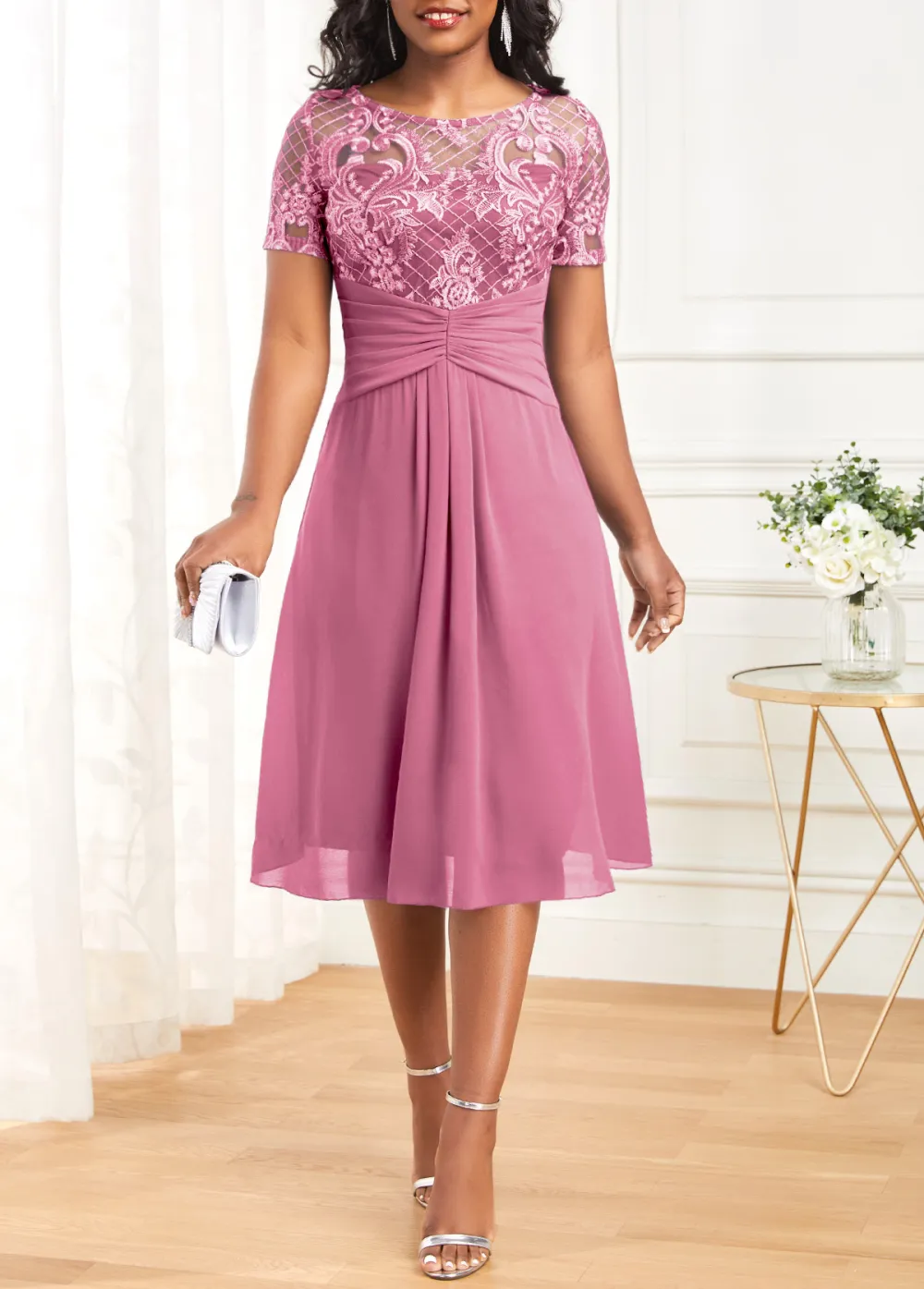 Lace Patchwork Pink Boat Neck Dress