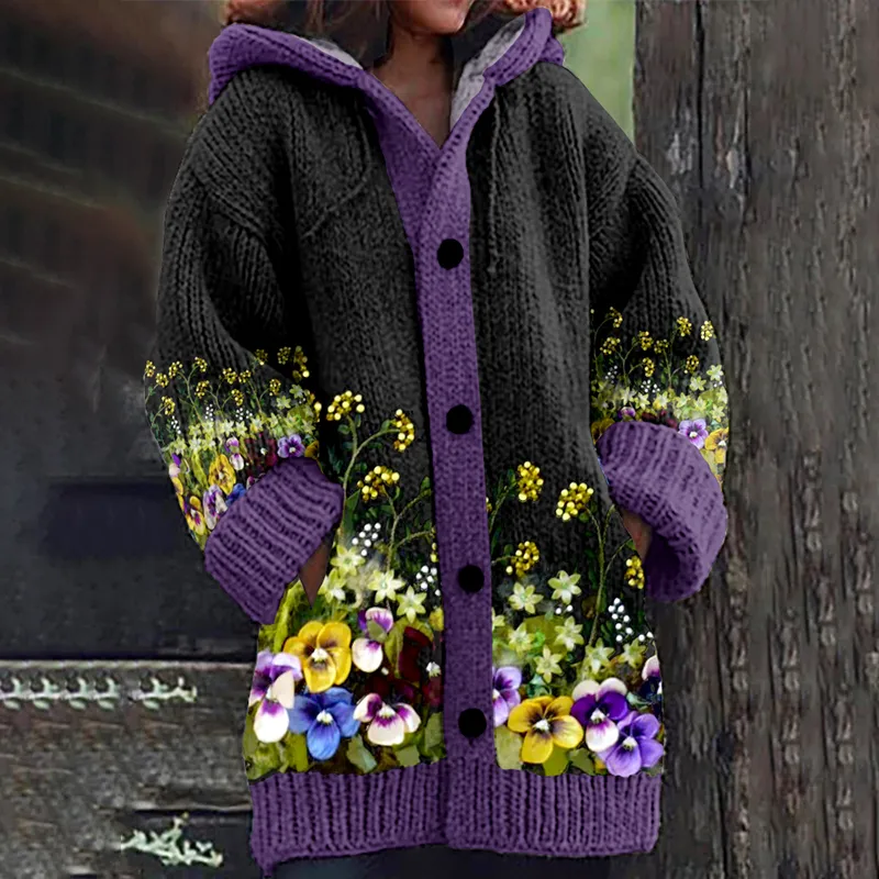 Pansy Floral Art Cozy Casual Hooded Long Cardigan