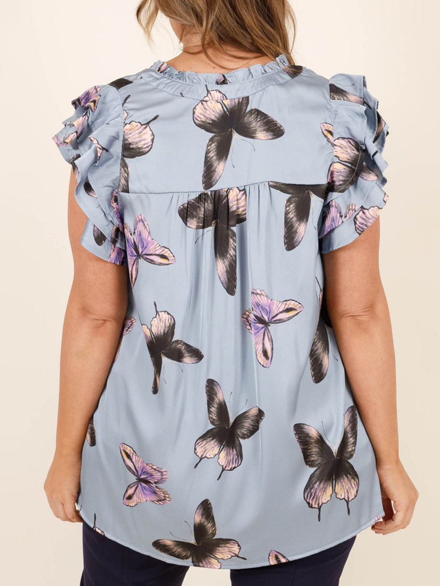 Butterfly printed layered ruffled short sleeved shirt