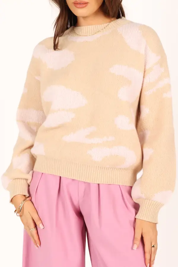 Cora Two Tone Print Knit Sweater - Beige