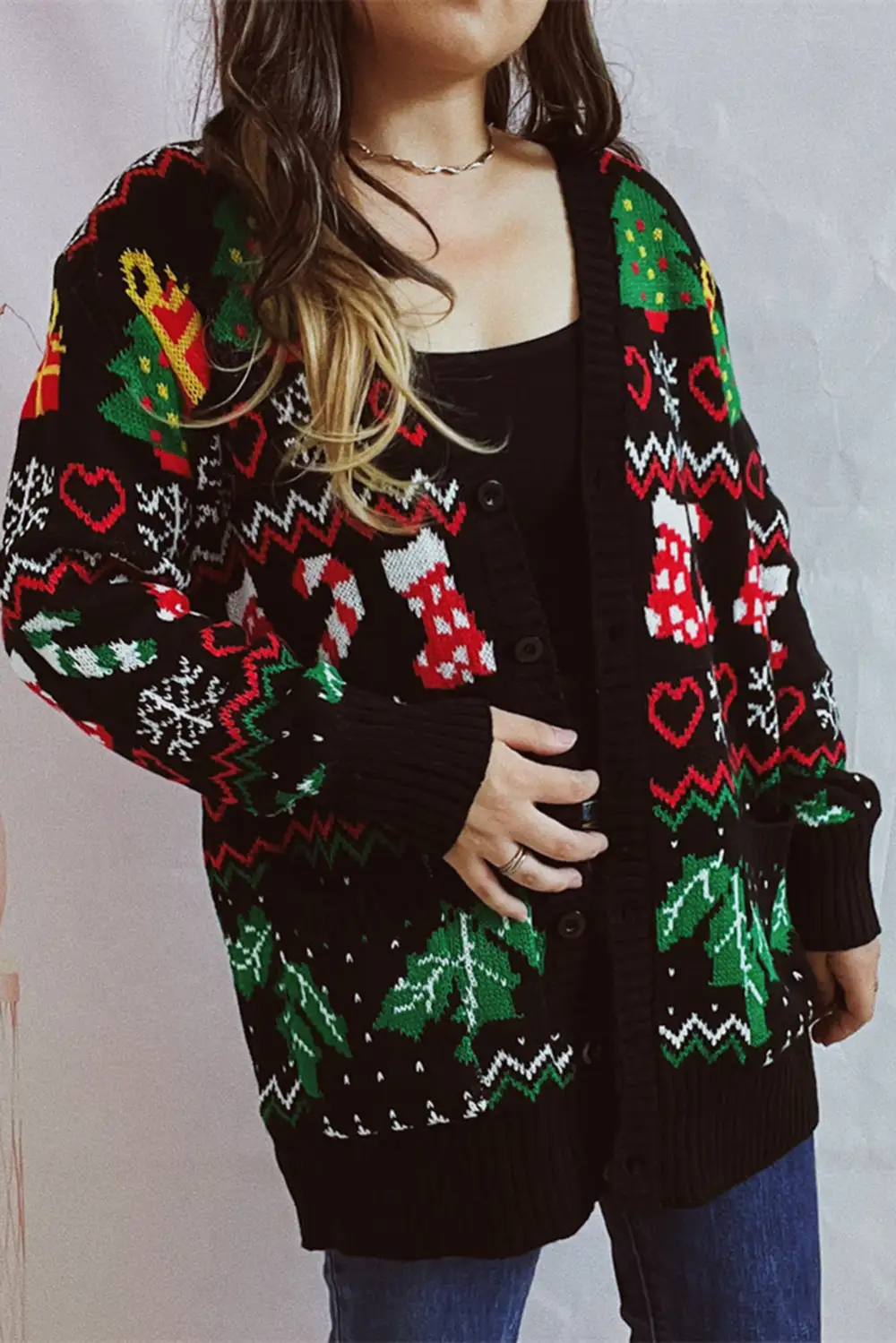 Black Heart Christmas Fashion Pattern Button Up Drop Shoulder Cardigan