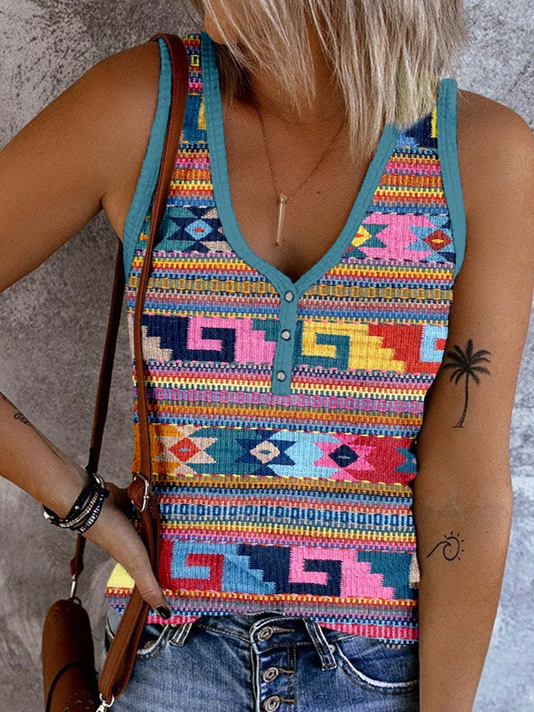 Ethnic Multicolor Geometric Button Up Tank Top