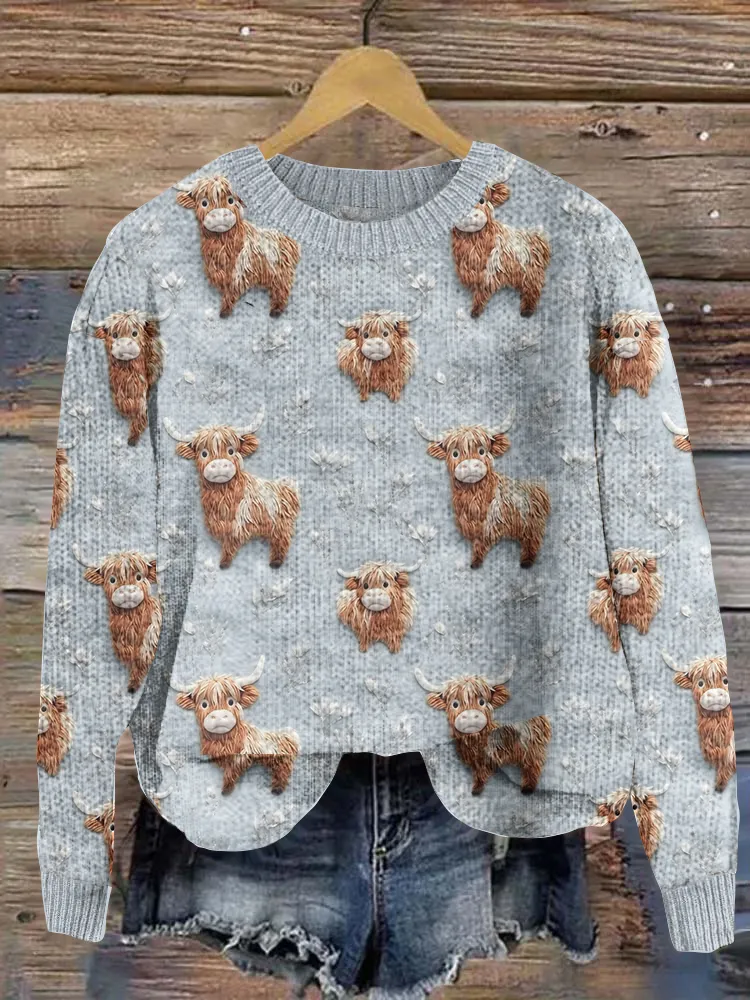 Highland Cow Print Knitted Pullover Sweater