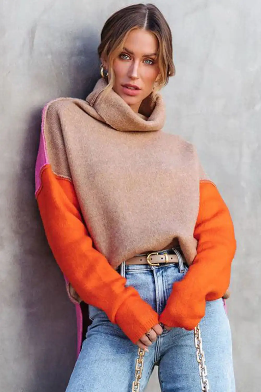 Color Block Turtle Neck Drop Shoulder Knit Sweater