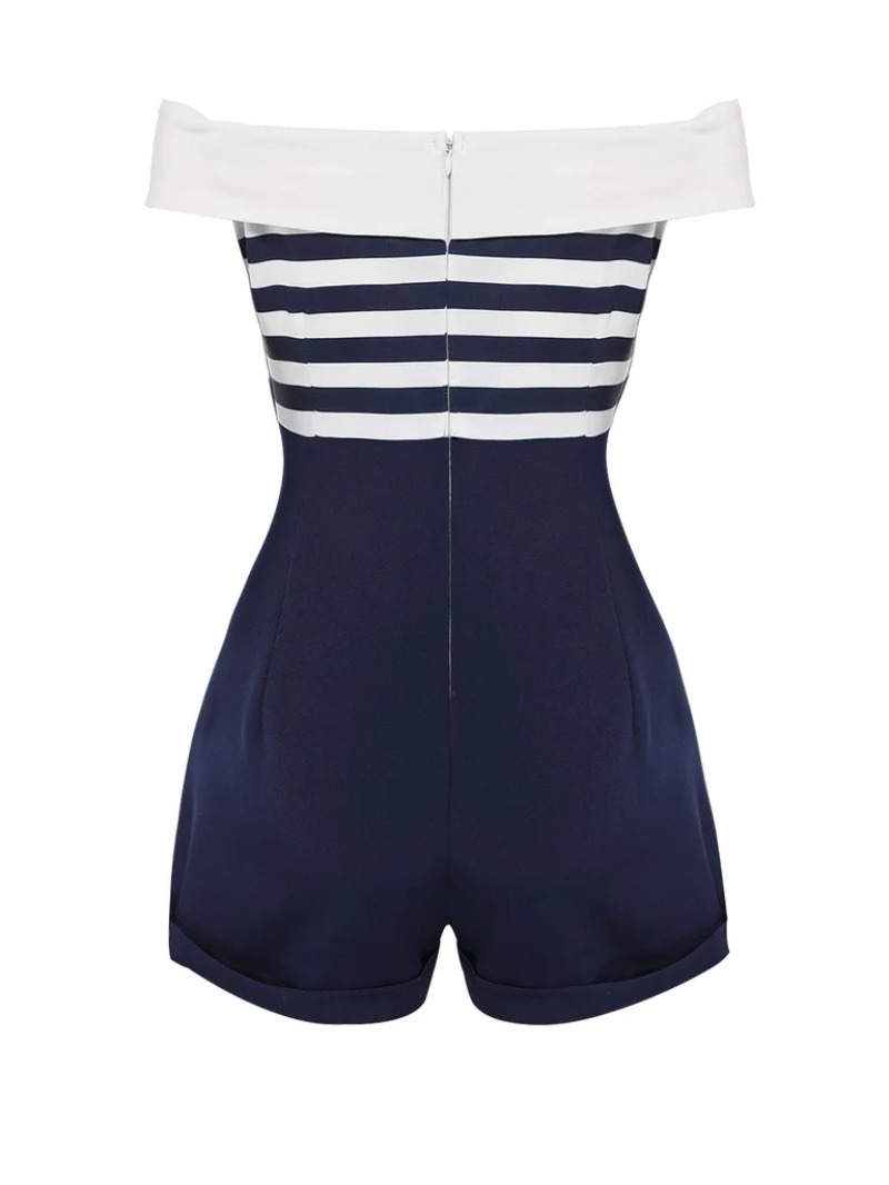 NAVY BLUE 1950S PATCHWORK OFF-SHOULDER STRIPED ROMPER